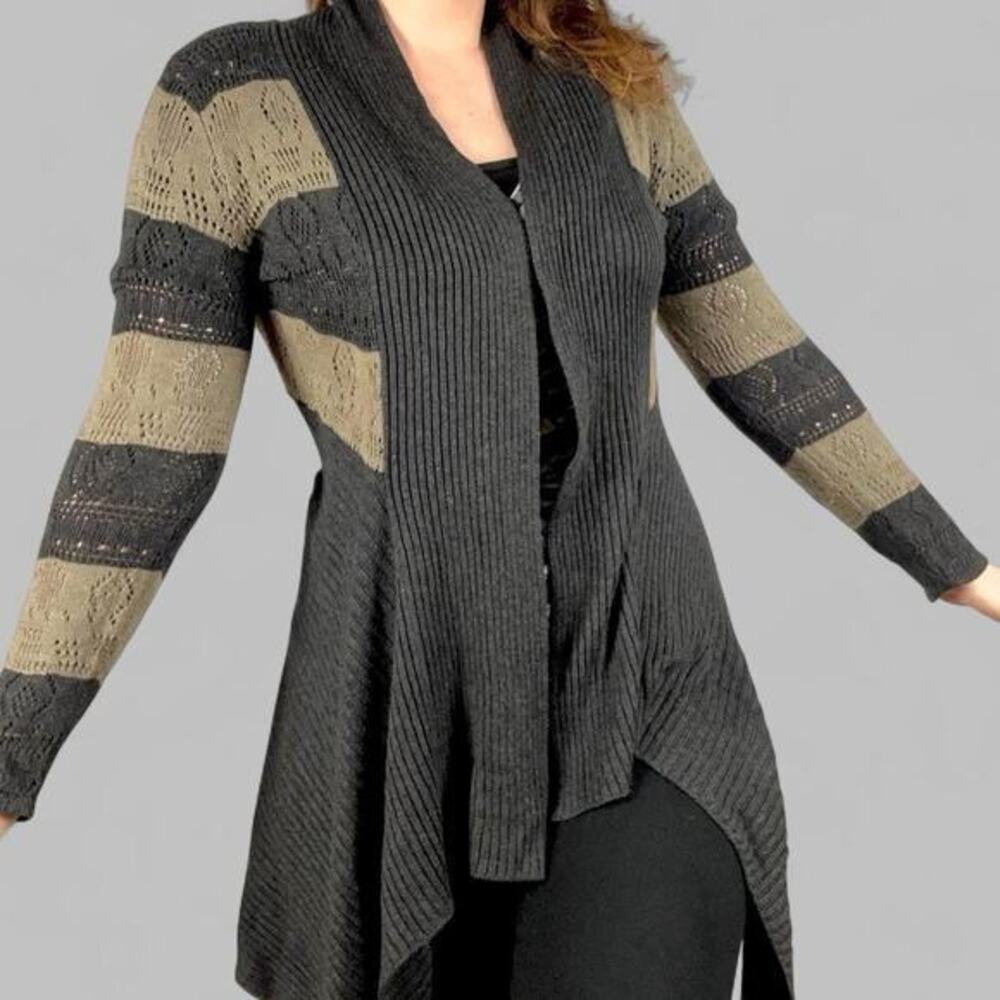 Vintage Y2K Belldini Striped Asymmetrical Open Knit Cardigan L Indie Grunge Goth